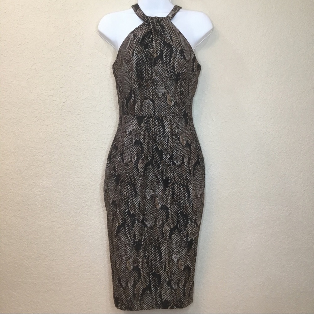 H&M 4 Metallic Snake Print Halter Neck Keyhole Cocktail Dress Black Brown NWOT